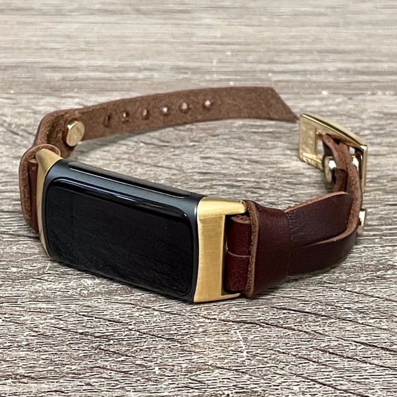 Dark Brown Slim Leather Strap Gold Fitbit Charge 5 Band Women Delicate Bracelet - Picture 1 of 8